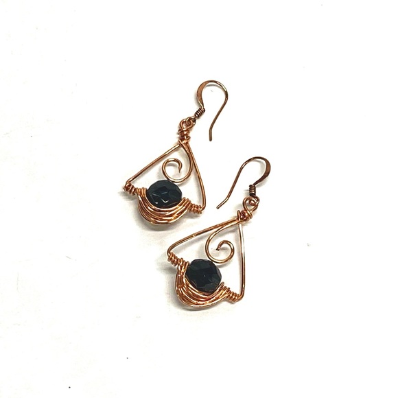HANDMADE Vintage Faceted Glass Bead HandWrapped Pure Bare Copper Modern Earrings - Picture 4 of 10